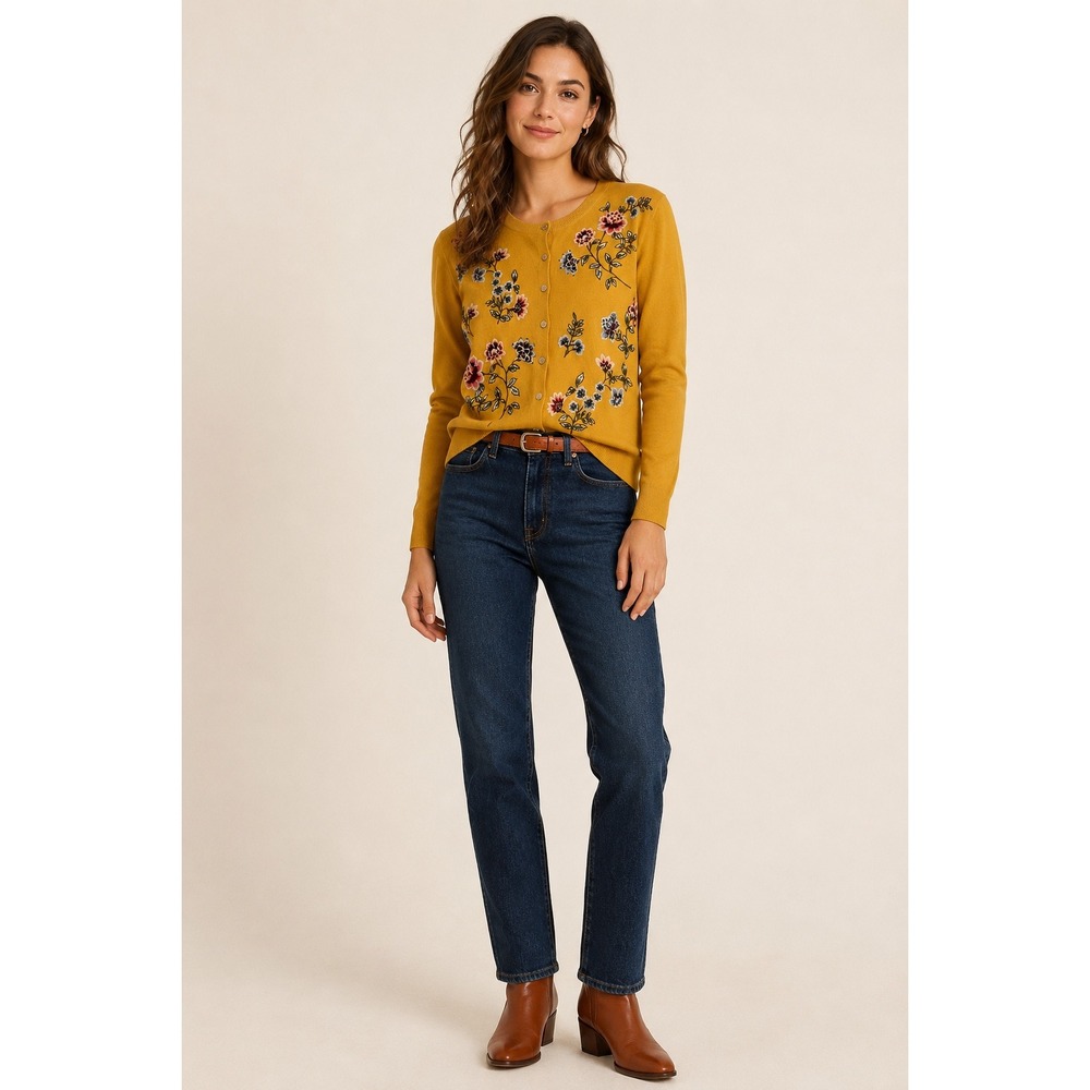 Sundance Mustard Yellow Floral Embroidered Cotton Cardigan XS Boho Cottagecore